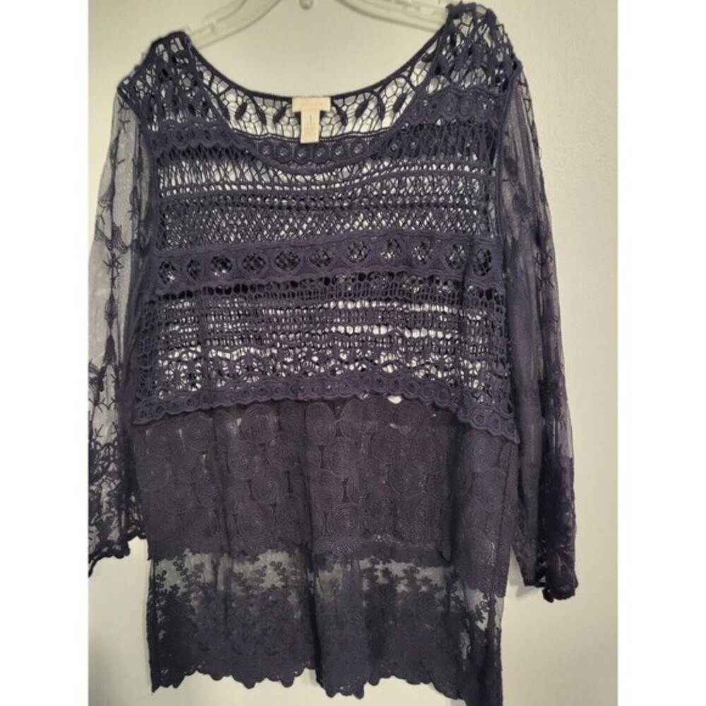 Chico's Blue Long Sleeve Crochet Bodice Sheer Sleeves Top  Blouse Size 1‎ Medium